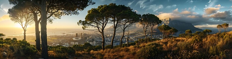 Naklejka premium Wide panoramic mesmerizing aerial full cityscape view of Cape Town cityscape at sunset, Western Cape Province, South Africa. Generative AI