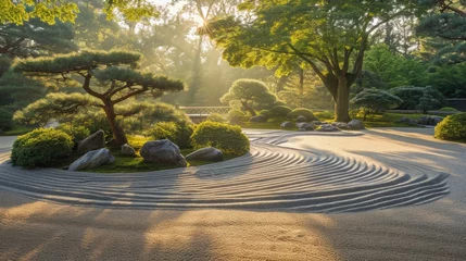Afwasbaar fotobehang A beautiful sunrise illuminates a Japanese Zen garden, highlighting the elegant forms of meticulously maintained bonsai trees. Resplendent. © Summit Art Creations