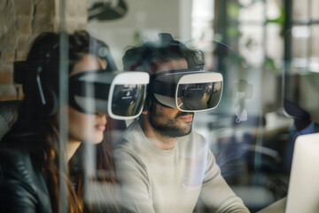 Concept of Metaverse technology. A man and woman in the office, working with VR goggles. A glimpse into the future lifestyle