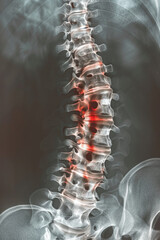 X-ray of a human spine on a gray backdrop, with the lumbar region highlighted in red
