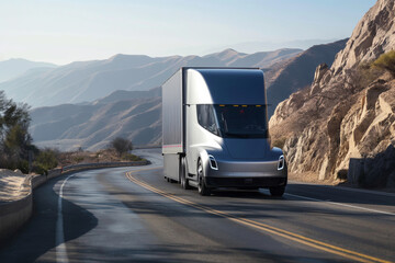 Modern electric self-driving semi-truck transporting goods along a scenic mountain road