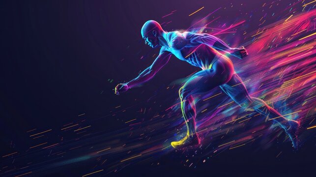 Abstract colorful holographic human runner athlete sport on dark background. AI generated image