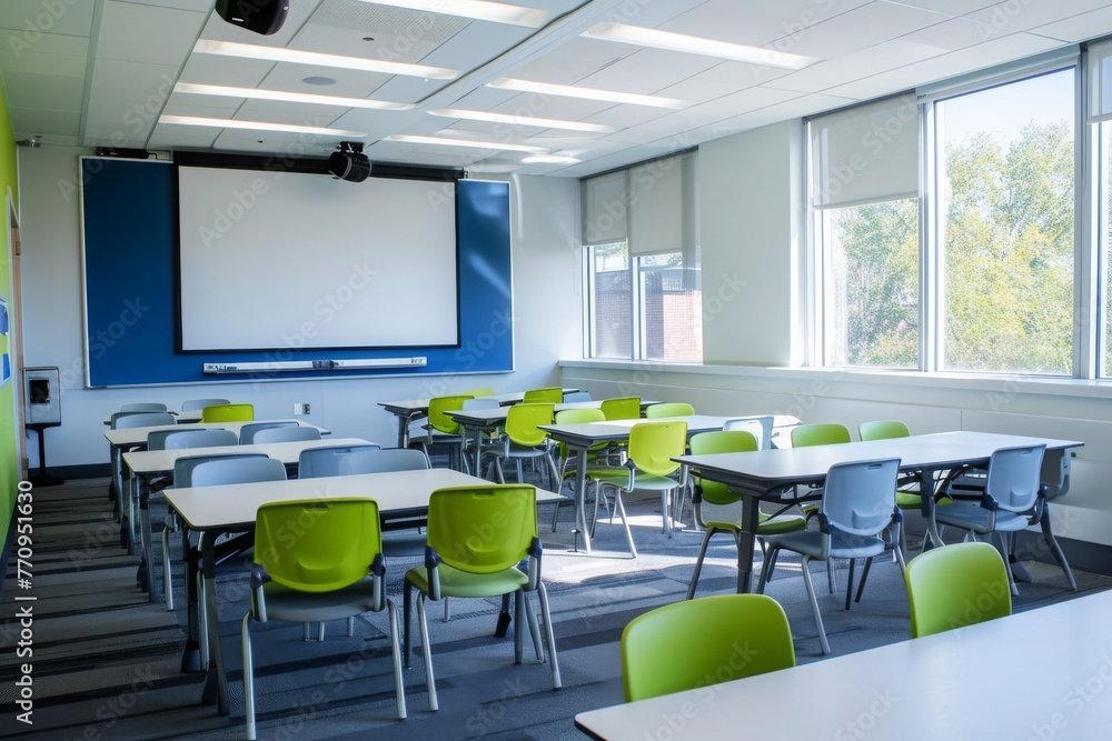 Poster a classroom with tables, chairs, and a projector screen, a lush, modern empty classroom with an inte