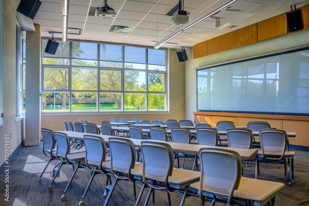 Poster a view of a classroom equipped with a projector screen, with rows of chairs neatly arranged, a lush,