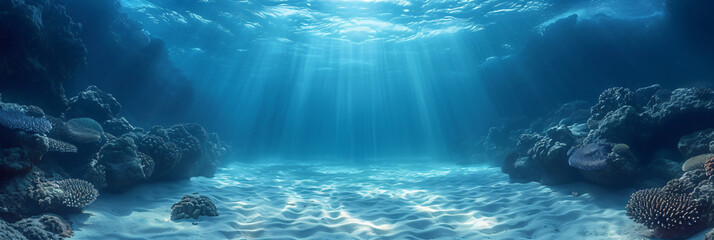 Fototapeta premium Tropical underwater scene, captivating shot showcasing vibrant marine life, corals, and clear blue waters in a serene, exotic setting.