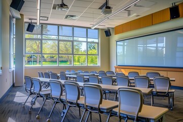 A view of a classroom equipped with a projector screen, with rows of chairs neatly arranged, A lush, modern empty classroom with an interactive whiteboard and ergonomic chairs, AI Generated
