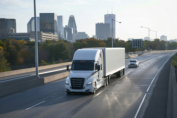 White semi truck cruising on a highway with city skyline in the background