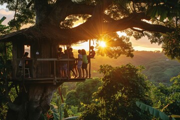 Group of People Standing on Top of a Tree, A lively treehouse filled with children watching the sunset, surrounded by lush green trees, AI Generated