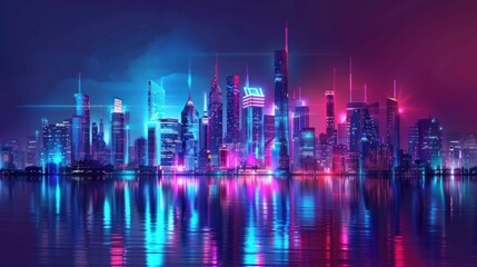 Futuristic skyline neon color with meta verse virtual reality technology concept. AI generated image