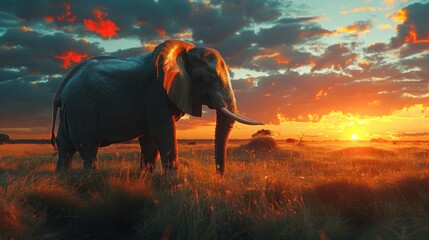 Big Elephant animal on the plains of the Africa at sunset view. AI generated image - obrazy, fototapety, plakaty