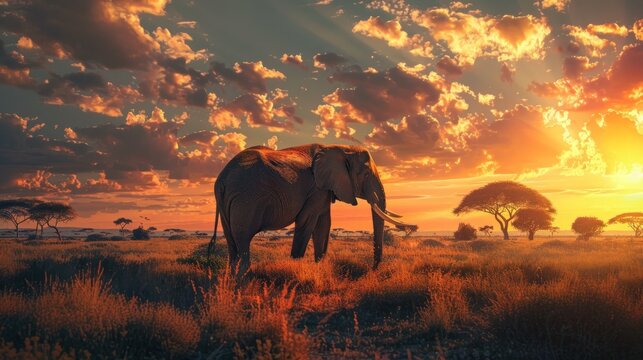 Big Elephant animal on the plains of the Africa at sunset view. AI generated image