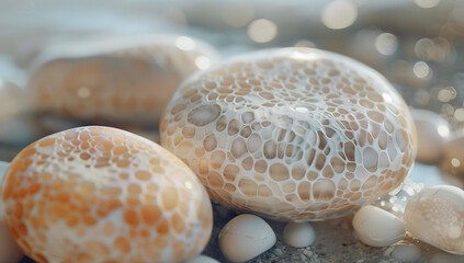 shiny pebbles from the ocean in the style of light peach fuzz