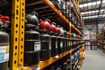 Stacked gas cylinders in a distribution warehouse