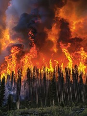 A devastating wildfire rages through a dense forest, with towering flames and smoke under a darkened sky