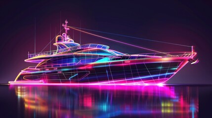 Fototapeta premium Colorful abstract neon hologram yacht drawing style. AI generated image
