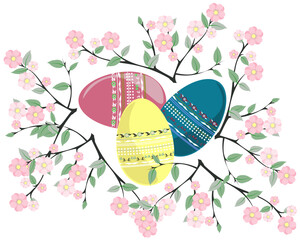 Three Easter eggs with ornaments among flowering branches. Delicate pattern for Easter card, banner, textile design