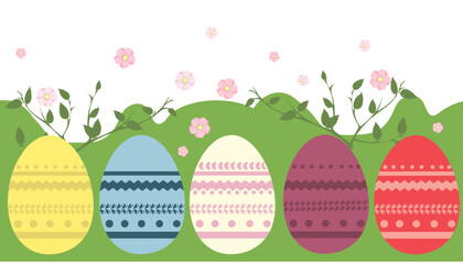 Horizontal pattern with Easter eggs, branches and flowers on green grass. Vector illustration for design of Easter cards, banners, textiles