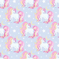 Seamless pattern with unicorns with pink mane. For designing backgrounds, wallpapers, prints, posters, cards, etc. Vector