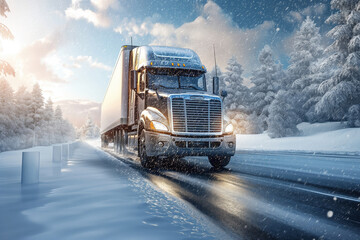 Semi-truck braves a snowy landscape, with heavy snowfall and serene winter trees