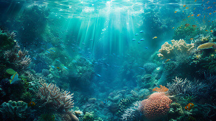 Obraz na płótnie Canvas Tropical underwater scene, captivating shot showcasing vibrant marine life, corals, and clear blue waters in a serene, exotic setting.