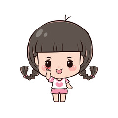 Cute cartoon little girl character, Act of pulling down one lower eyelid and sticking out the tongue, Flat design style