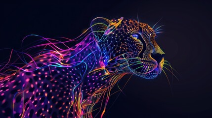 Abstract 3d colorful hologram cheetah animal drawing in dark background. AI generated - obrazy, fototapety, plakaty