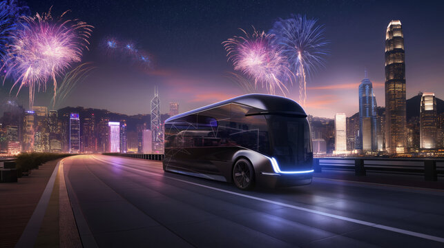 Advanced electric bus against a vibrant city skyline illuminated by a dazzling fireworks display