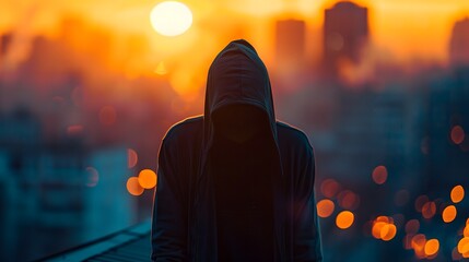 Sunset Silhouette of a Person In a Hoodie Overlooking the Cityscape. AI.