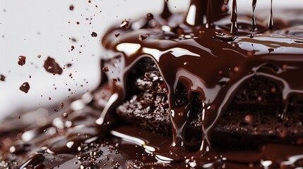 Sinful chocolate cascading from the top of a cake, captured in high-definition against a clear...