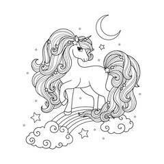 Beautiful unicorn with a long mane on a rainbow. Black and white linear drawing. Fantastic animal. For children's design of coloring books, prints, posters, stickers, cards, tattoos, etc. Vector © Zerlina