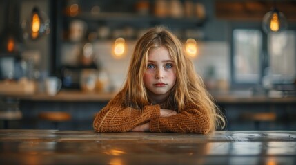 Little Girl Sitting At Table With Arms Crossed - obrazy, fototapety, plakaty