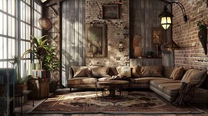 furniture and wooden elements and brick wall