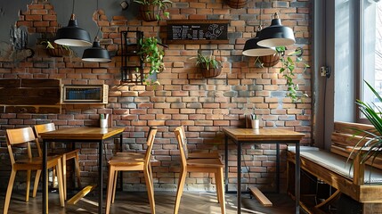 Fototapeta na wymiar furniture and wooden elements and brick wall