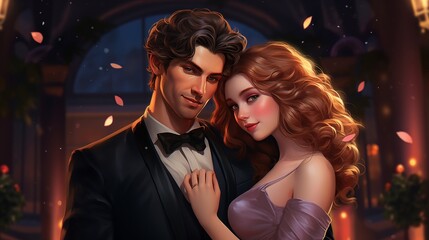 In an illustration, a loving couple elegantly dressed, tenderly embrace in a romantic atmosphere, exuding sophistication, romance and timeless elegance.