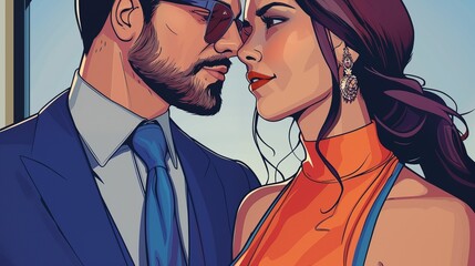 Illustration of stylish couple in formal fashion embrace tenderly, exuding sophistication and luxury in their romantic encounter, surrounded by an elegant ambiance.