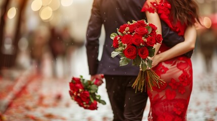 The couple Dressed elegantly and holds a bouquet of red roses, setting the scene for a romantic date filled with luxury and love.