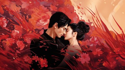 In a romantic illustration, a couple tenderly embraces amid a backdrop of vibrant red flowers, creating a scene filled with passion and romance.