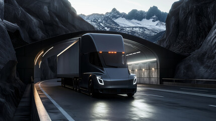 Modern electric semi truck driving out of a tunnel, with snowy mountain peaks in the background