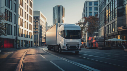 Futuristic electric truck navigates through city roads amongst high-rise buildings during golden hour - obrazy, fototapety, plakaty