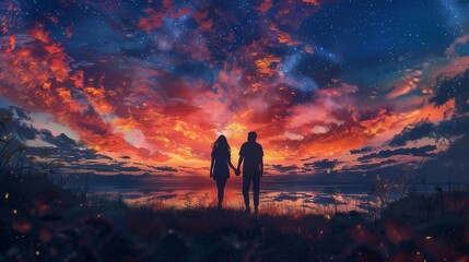couple stands hand in hand by the riverside, amidst twilight's ambiance as the sun sets behind the horizon, with stars twinkling across the sky.