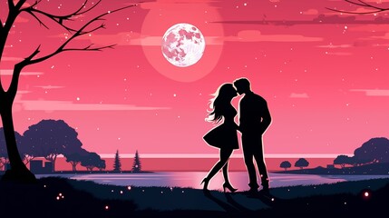 Illustration of a couple standing in moonlight, enjoying a romantic ambiance by the tranquil waterside, with a serene and serene atmosphere.
