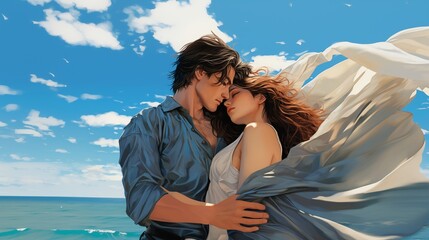 couple embraces each other tenderly by the seaside, surrounded by a romantic atmosphere, where the gentle waves and scenic views enhance their intimate moment.