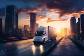Autonomous electric truck driving on a city expressway against a sunset skyline
