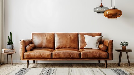 Home interior mock-up with brown leather sofa table and decor in living room