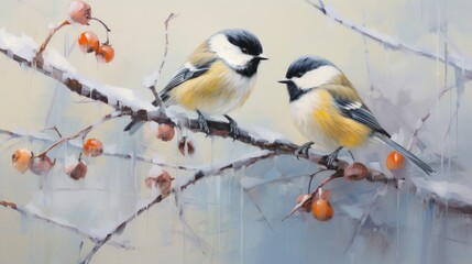 A pair of chickadees sit on a snowy branch with red berries.