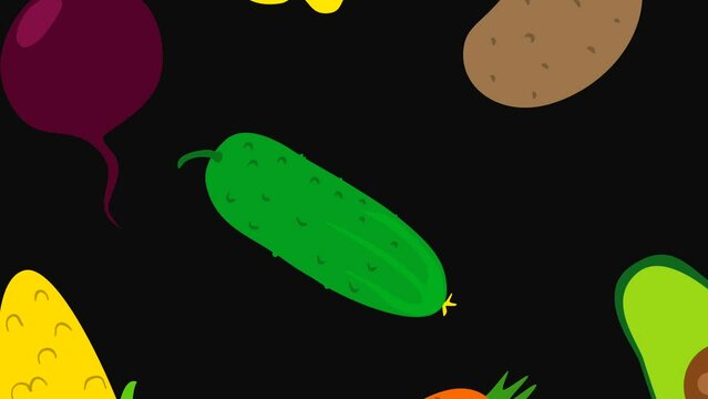 bright trendy cartoon hand drawn animation of many rotating fruits and vegetables on a black background