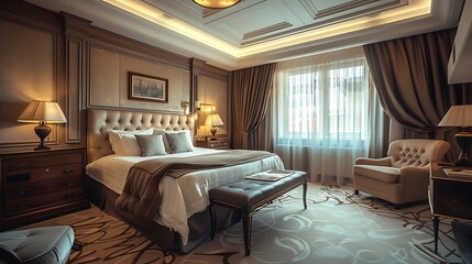 Hotel interior and room at luxury accommodation for travel vacation or holiday