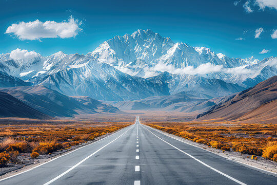 A wide road leads to the snowcapped mountains of Tibet, with photorealistic landscapes and minimalist backgrounds under a bright blue sky. Created with Ai