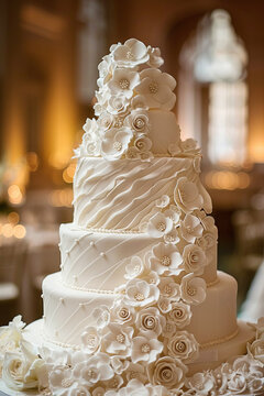 Opulent Wedding Cake with Pearl Accents
Showcased in this image is an opulent wedding cake, elegant layers of pristine white fondant and pearl-like accents, luxurious weddings celebration