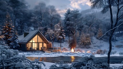 an AI-generated visual representation of a secluded cabin in a snowy landscape, with a stylized fire pit providing a gentle and inviting glow